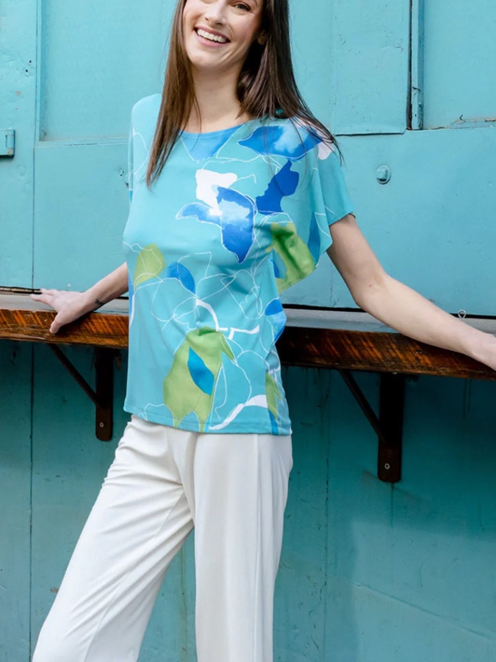 CLARA SUNWOO Women's Turquoise Floral Sketch Flutter Sleeve Top Size XS
